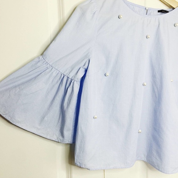 ZARA Light Blue 3/4 Bell Sleeve Pearl Top S - Picture 4 of 6